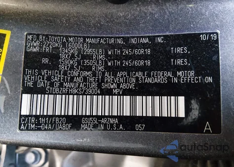 2019 Toyota Highlander Le из США, поврежденный, VIN 5TDBZRFH8KS739004